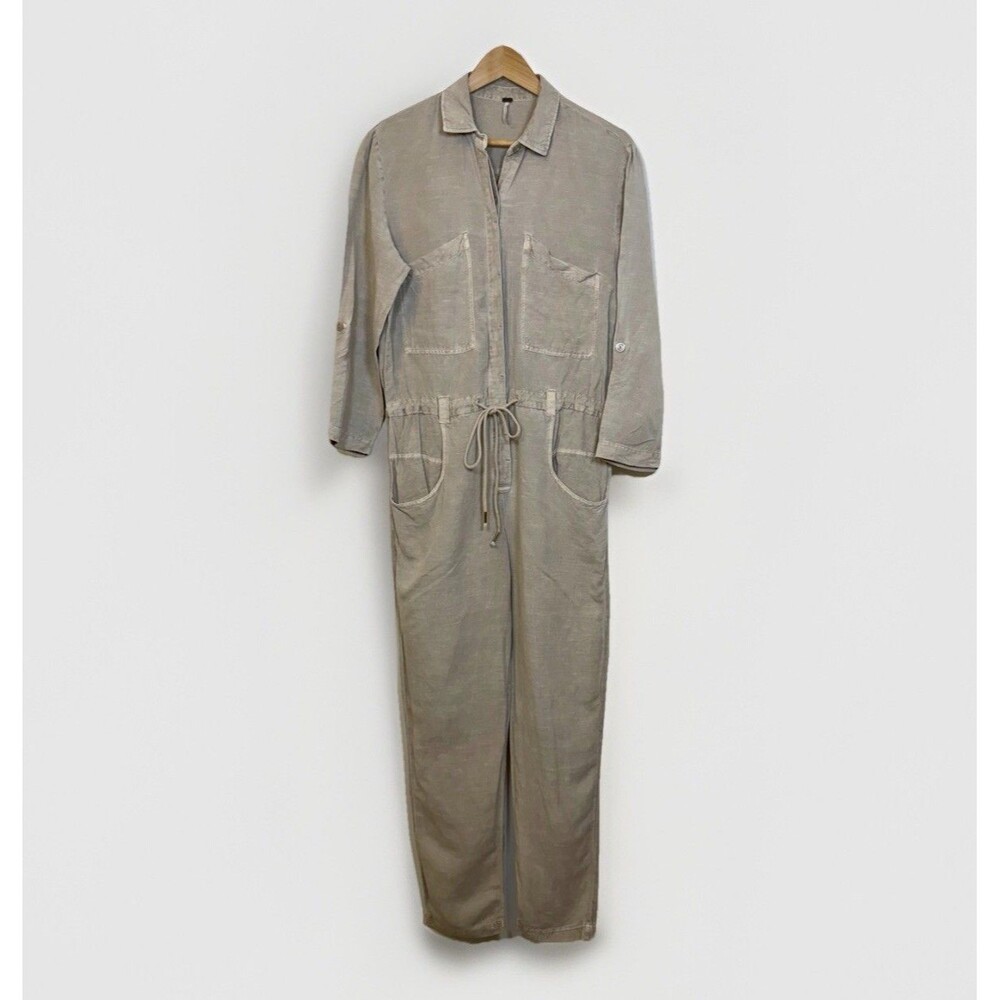 YFB Women’s Sz Small Khaki Linen Blend Button Up Utility Jumpsuit Side Pockets